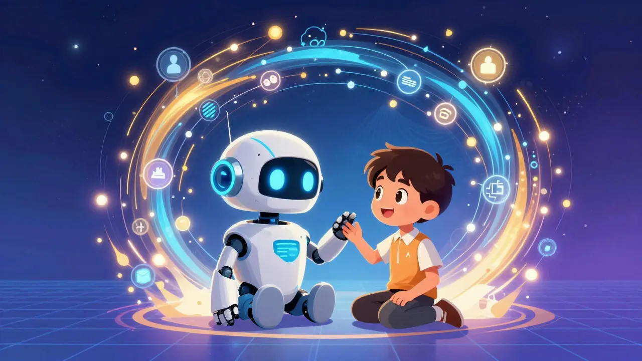 Friendly robot assistant guiding a student through a stream of data and knowledge