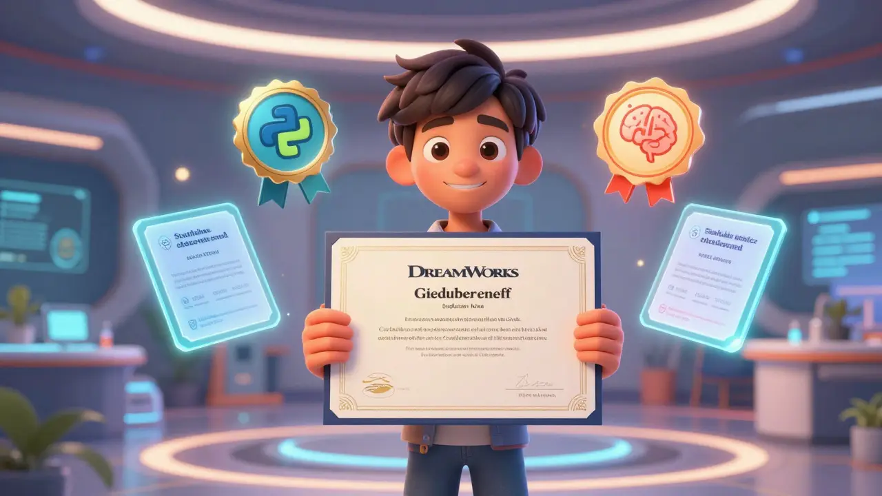 Illustration of a permanent base certificate with floating digital skill badges.