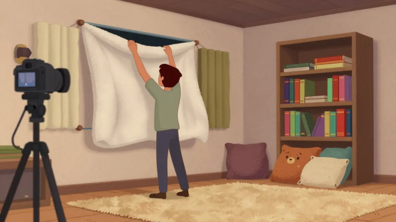 Illustration of DIY acoustic fixes like blankets and rugs in a home studio.