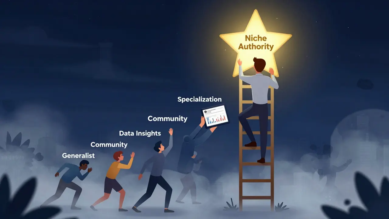 Illustration of educator climbing ladder to niche authority and success