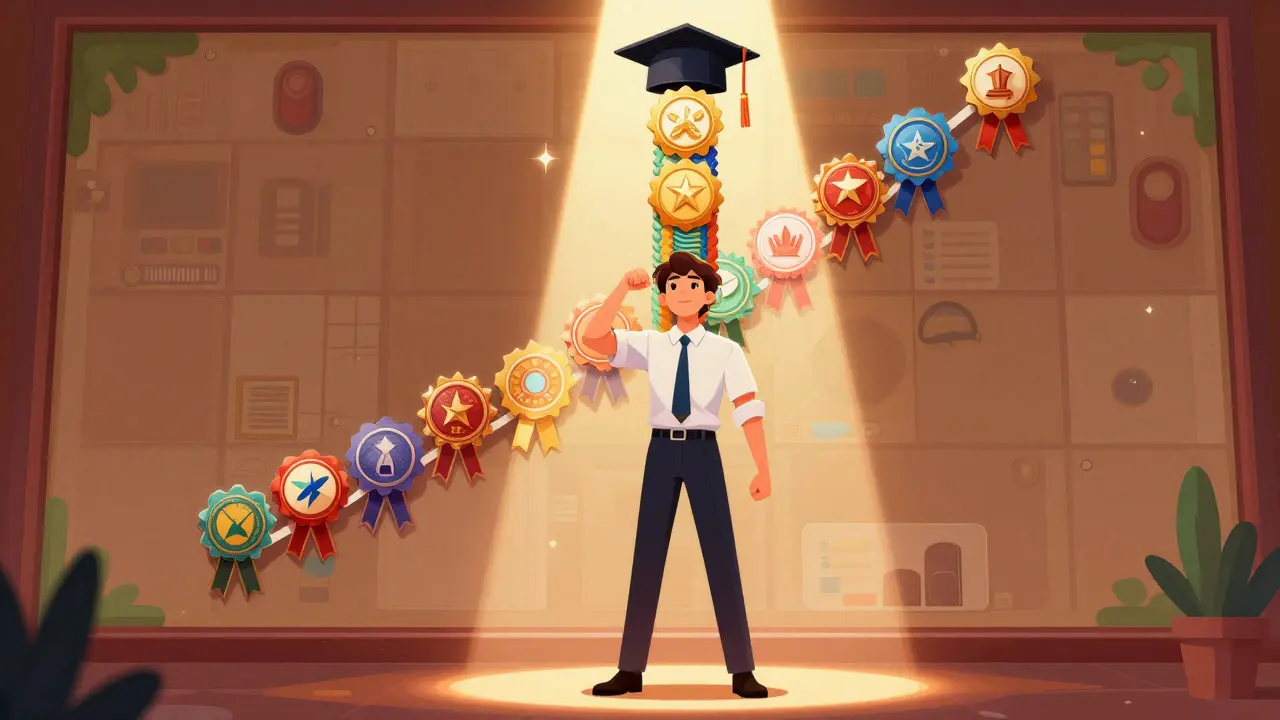 Person standing before wall of stacked digital skill badges