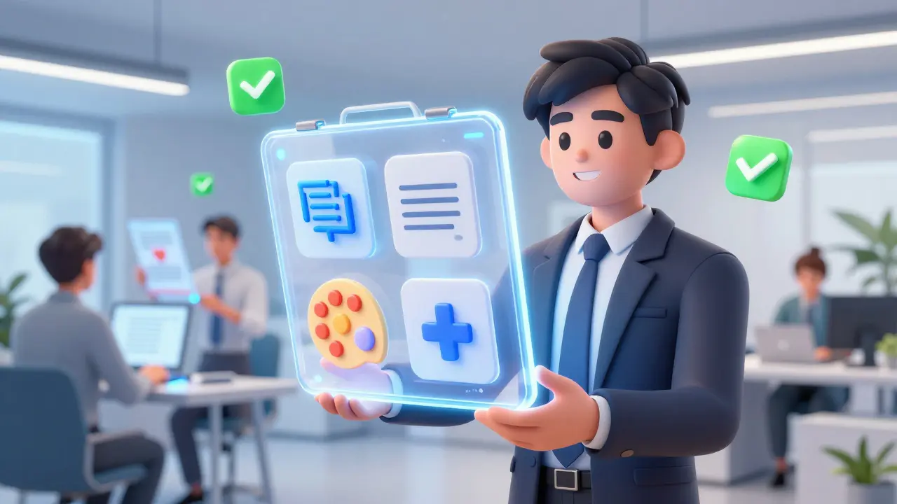 Professional holding glowing digital portfolio with skill icons for employers.