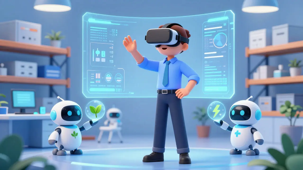 Professional using VR headset with AI drones in a futuristic sustainable workspace
