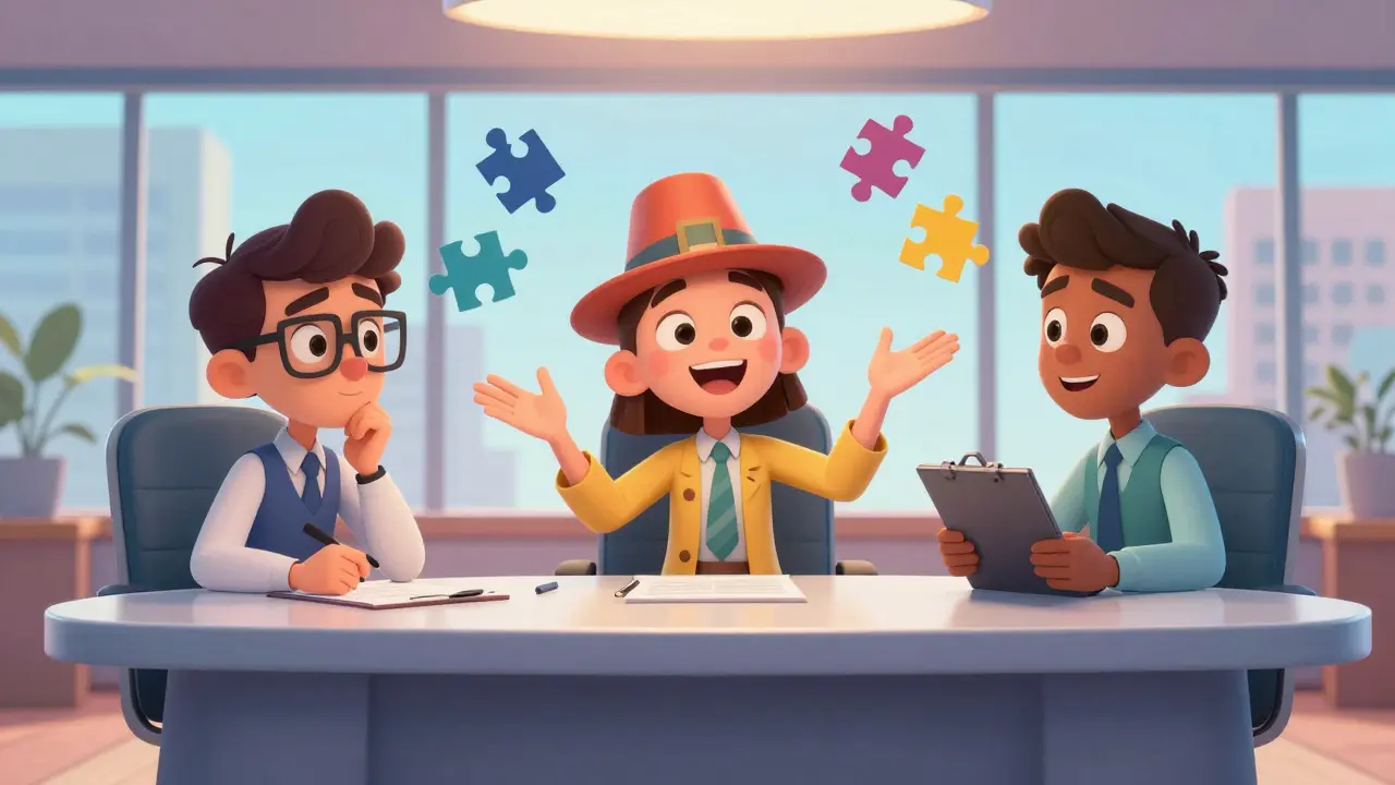 Three animated experts debating at a panel discussion table