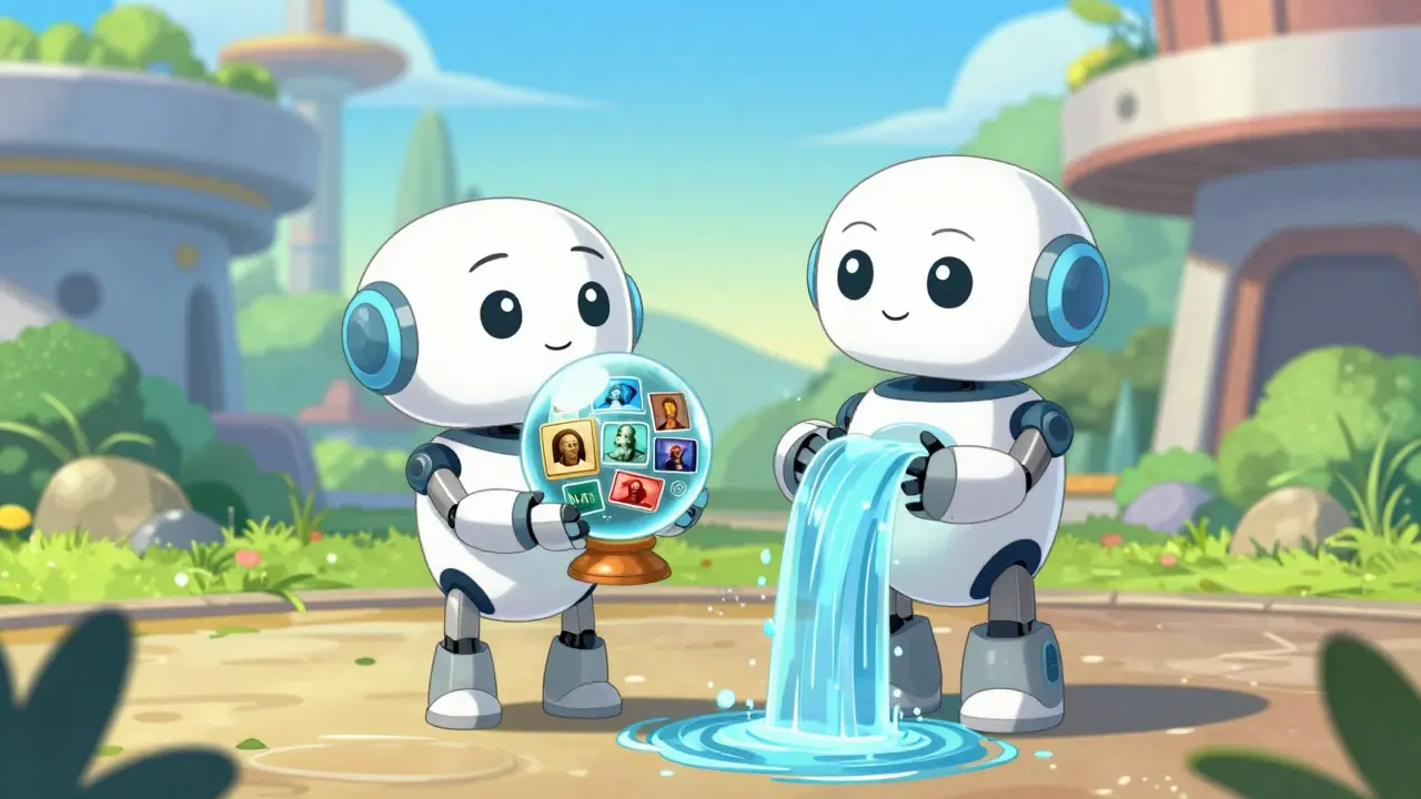Two friendly robots combining stored facts with real-time adaptation