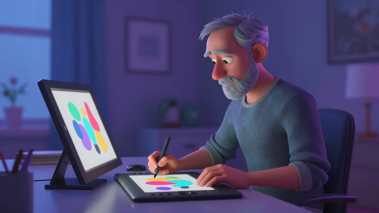 Veteran doing digital art therapy on a tablet in a calm setting.