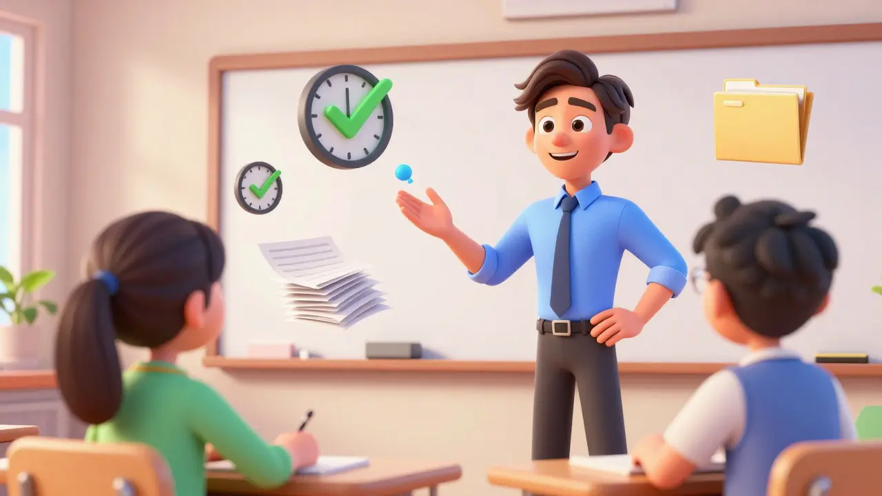 A teacher champion showing AI benefits to peers with floating time-saving icons.