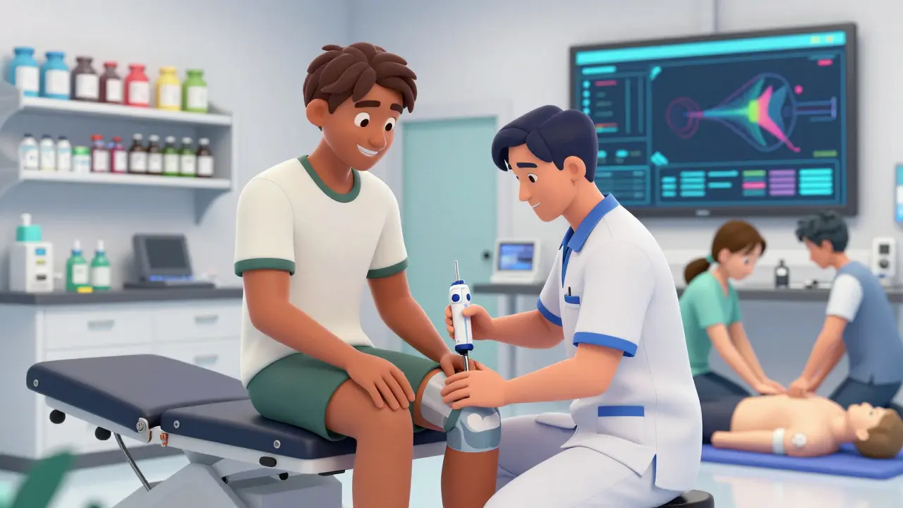 Athletic trainer assessing athlete's knee in a busy clinical lab setting