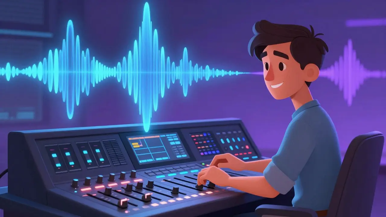 Cartoon producer mixing voice and music tracks on digital audio workstation