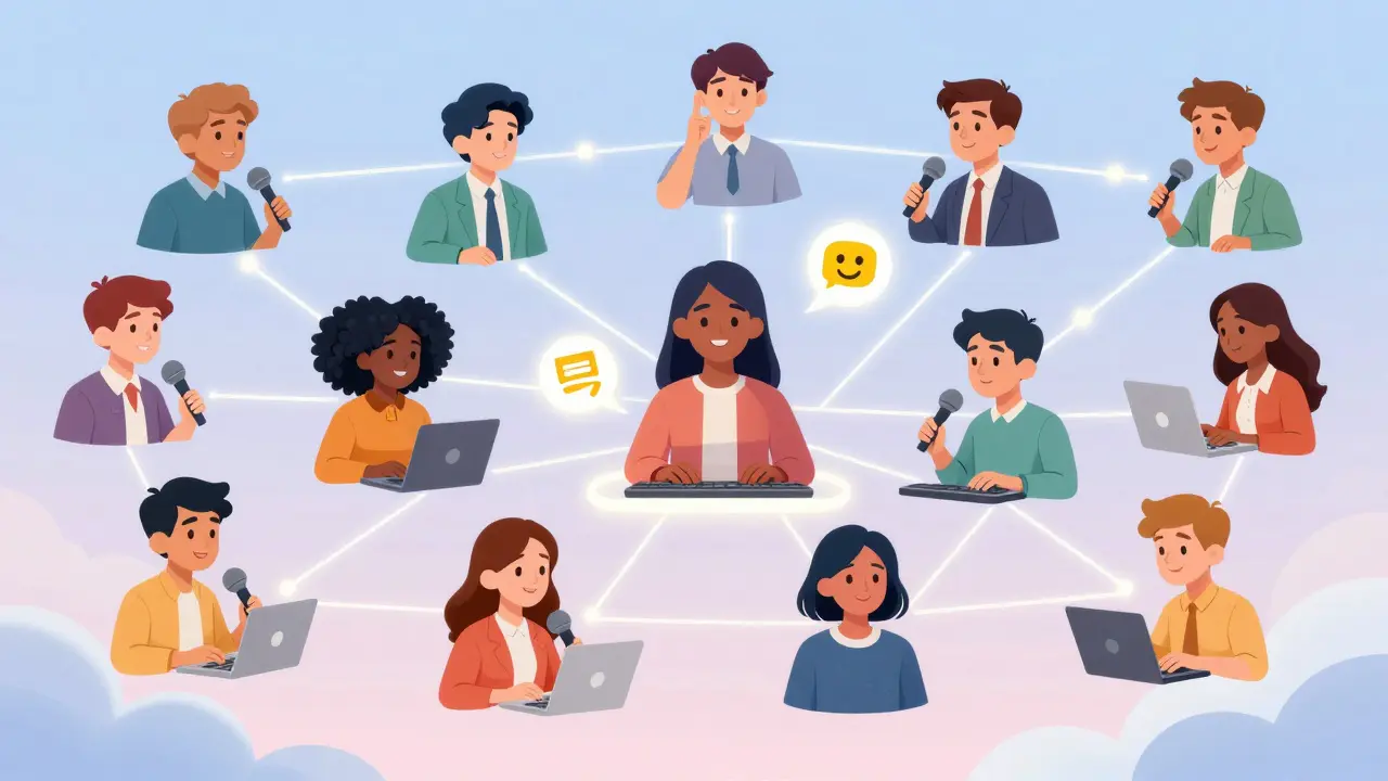 Connected student avatars in a safe, inclusive online space.