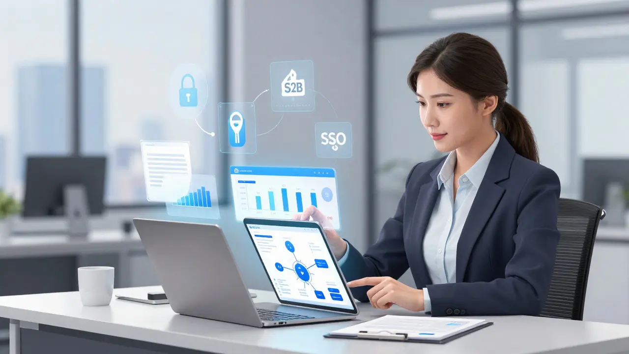 Corporate manager analyzing training ROI data on a tablet in an office