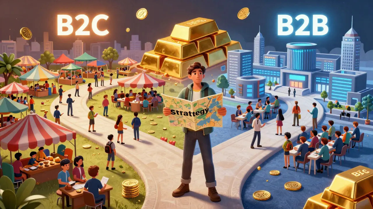 Creator choosing between consumer and business markets at a crossroads