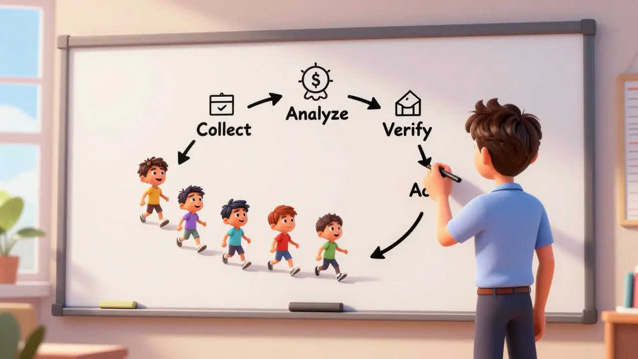 Designer drawing a continuous improvement cycle with happy student avatars
