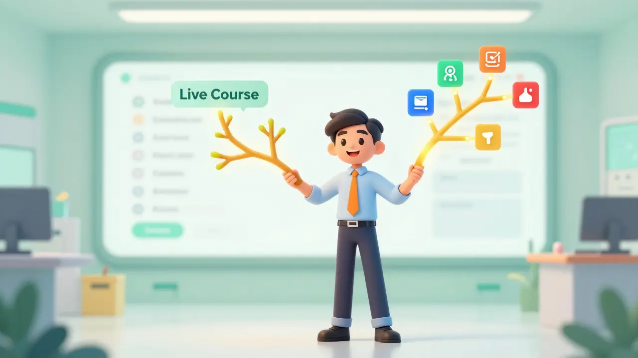 Designer managing course content branches in a clean, organized digital space