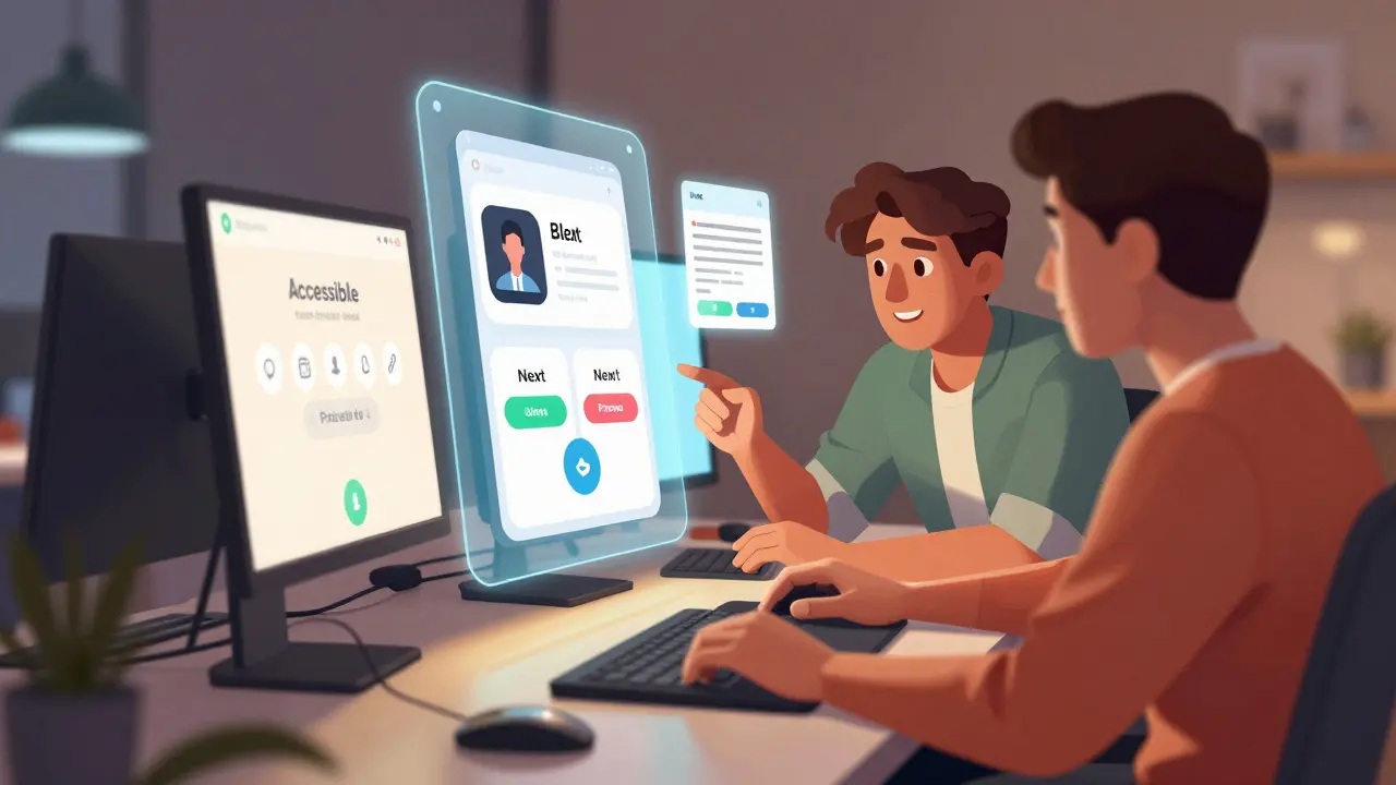 Developer and designer reviewing accessible app features on holographic displays