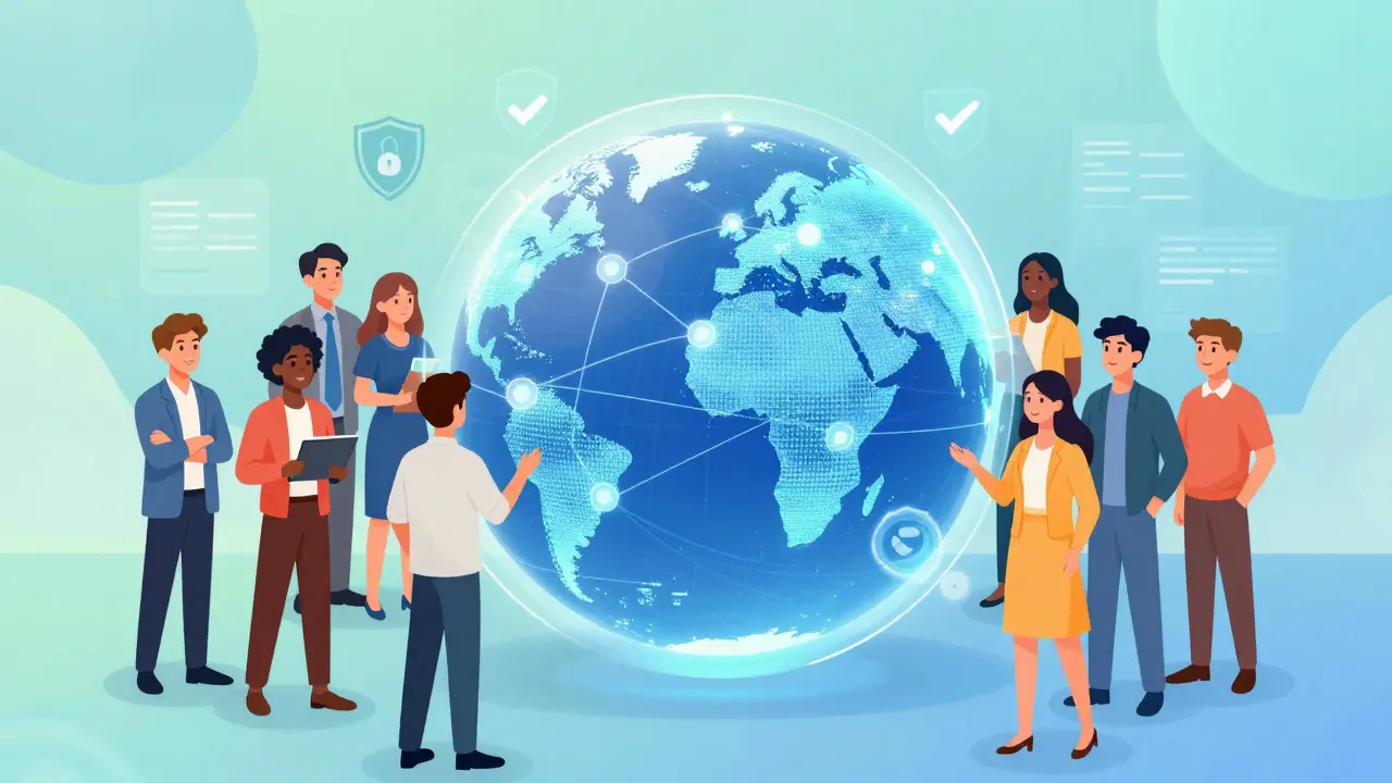 Diverse educators and students connected via secure digital network