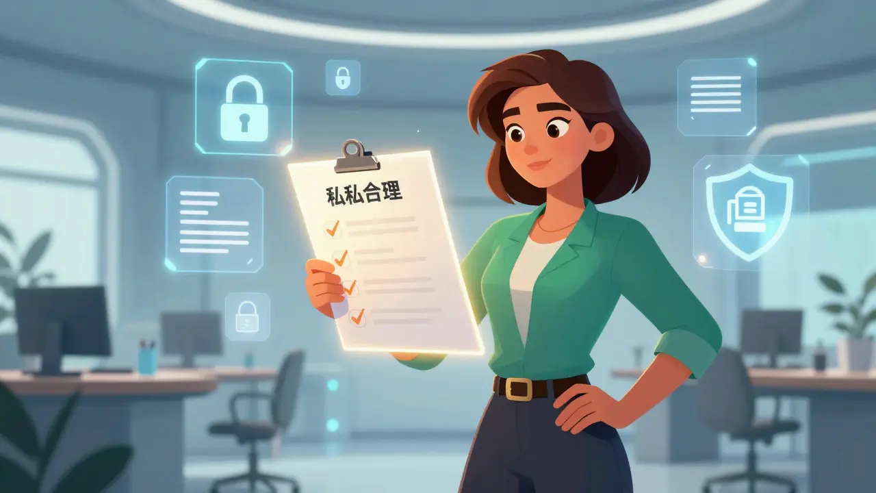 Educator holding a glowing compliance checklist in an office