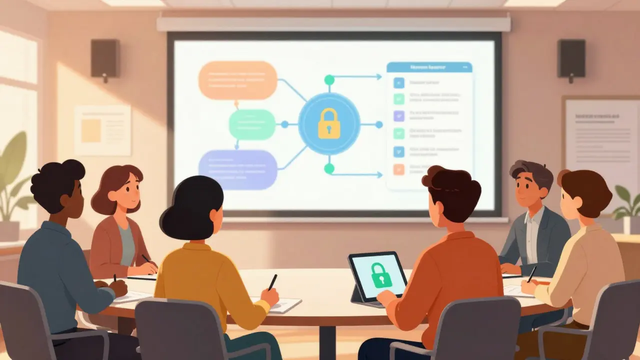 Employees engaged in security training viewing abstract data flow graphics on large screen