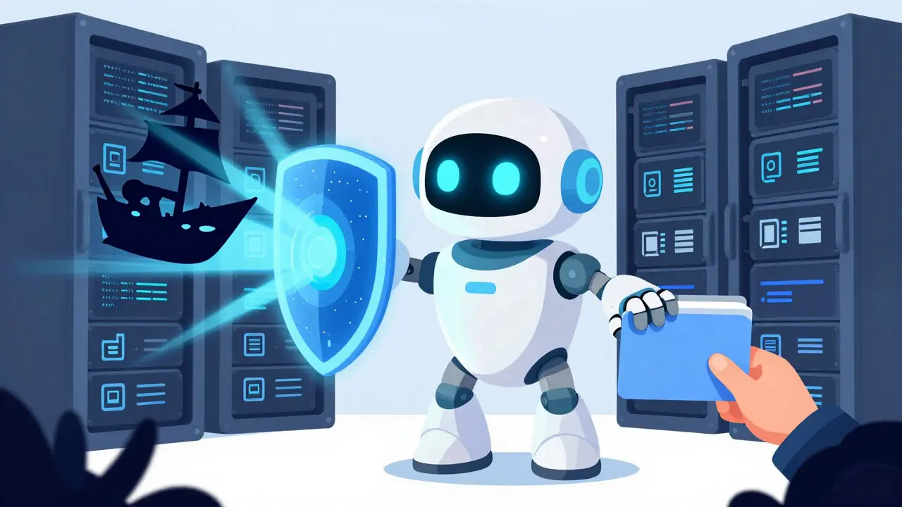 Friendly robot guardian protects server data from pirate threats in DreamWorks animation style