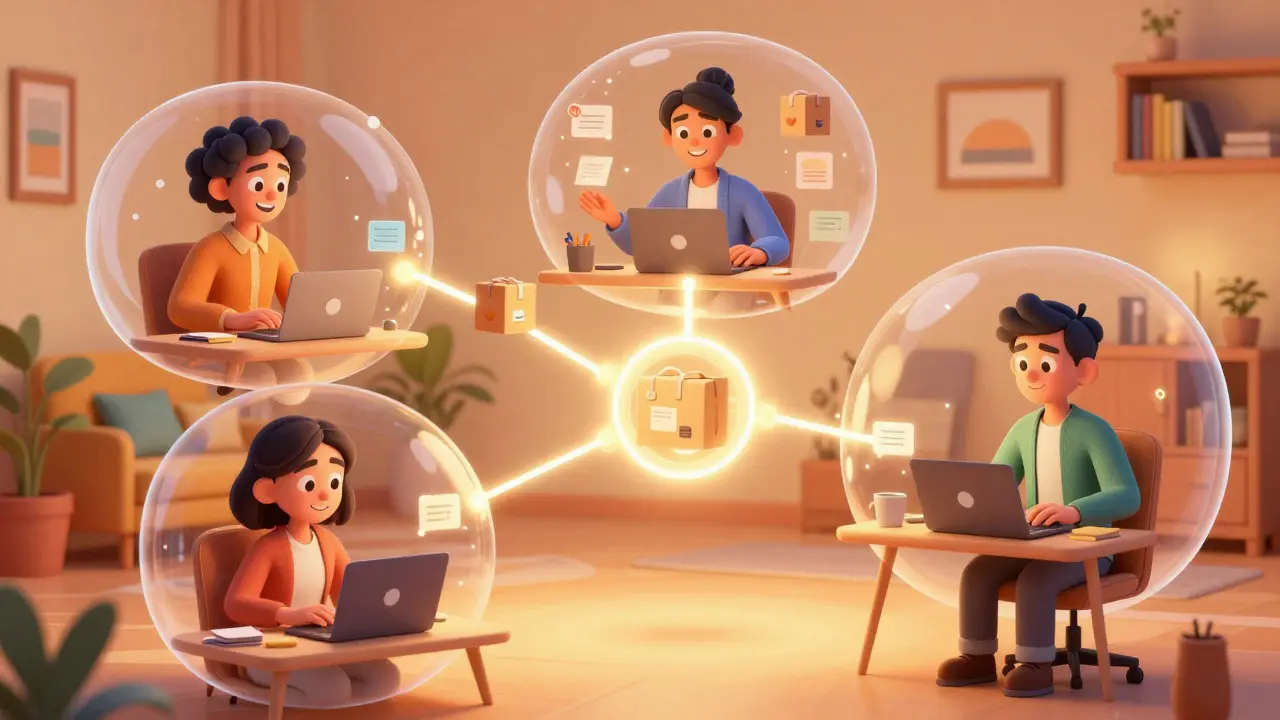 Global team collaborating asynchronously via glowing digital connections