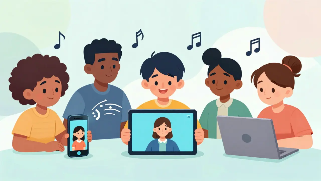 Happy learners watching eLearning videos on phone, tablet, and laptop