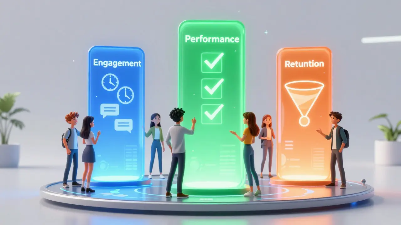 Holographic dashboard showing engagement, performance, and retention metrics