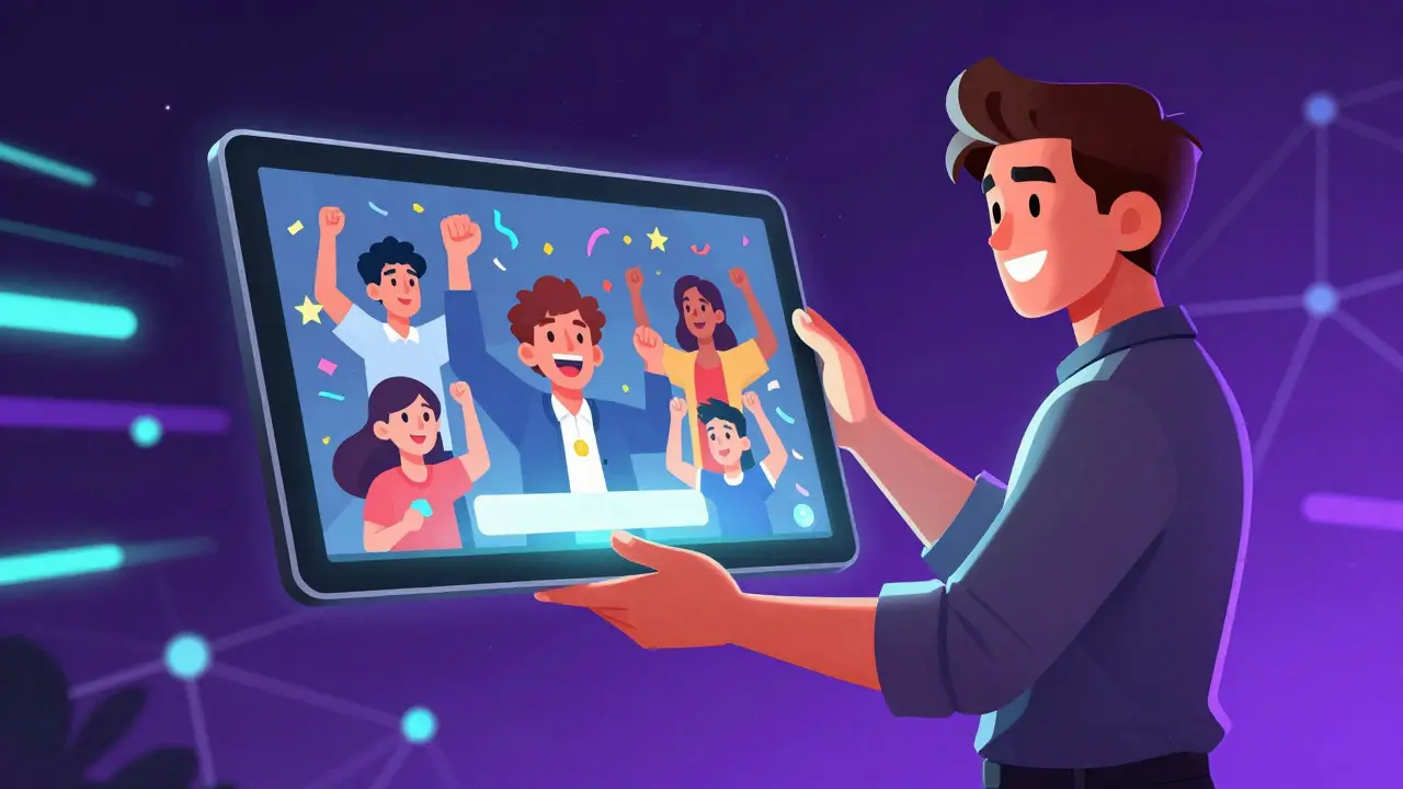 Instructor projecting happy student testimonials from a tablet in a vibrant setting