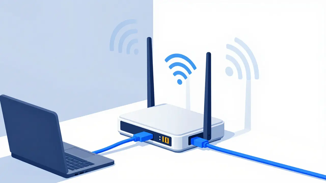 Laptop connected via Ethernet cable for stable internet connection