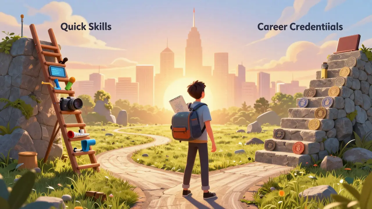 Learner at a crossroads choosing between quick skills and career credentials