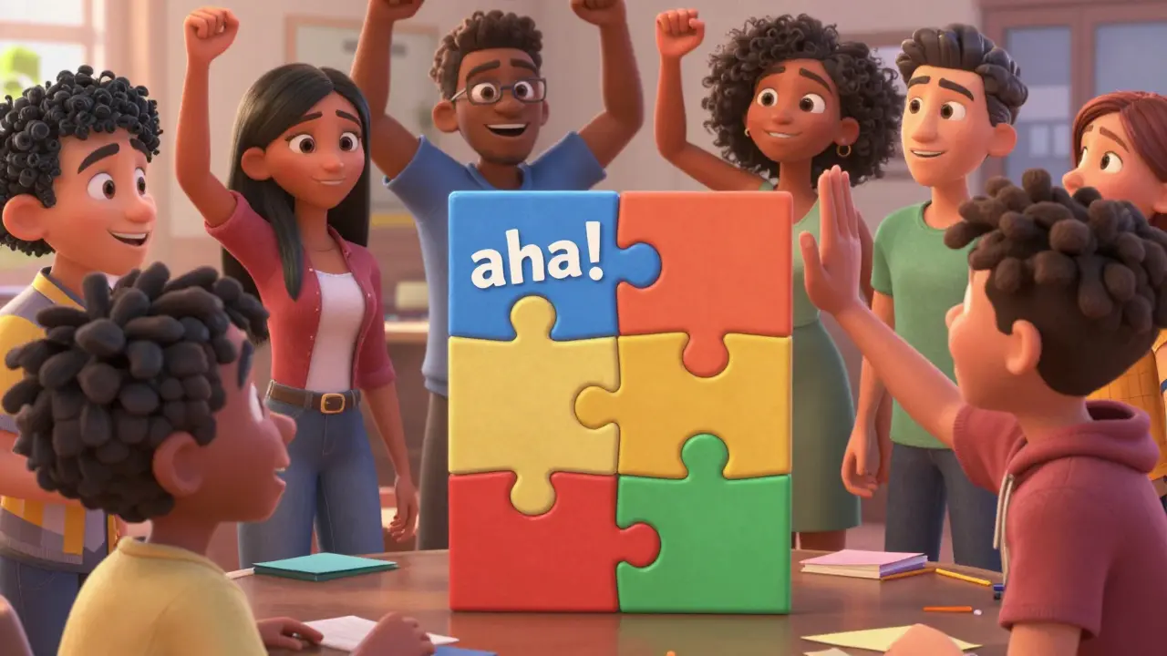 Learners collaborating on a puzzle with joy in DreamWorks style