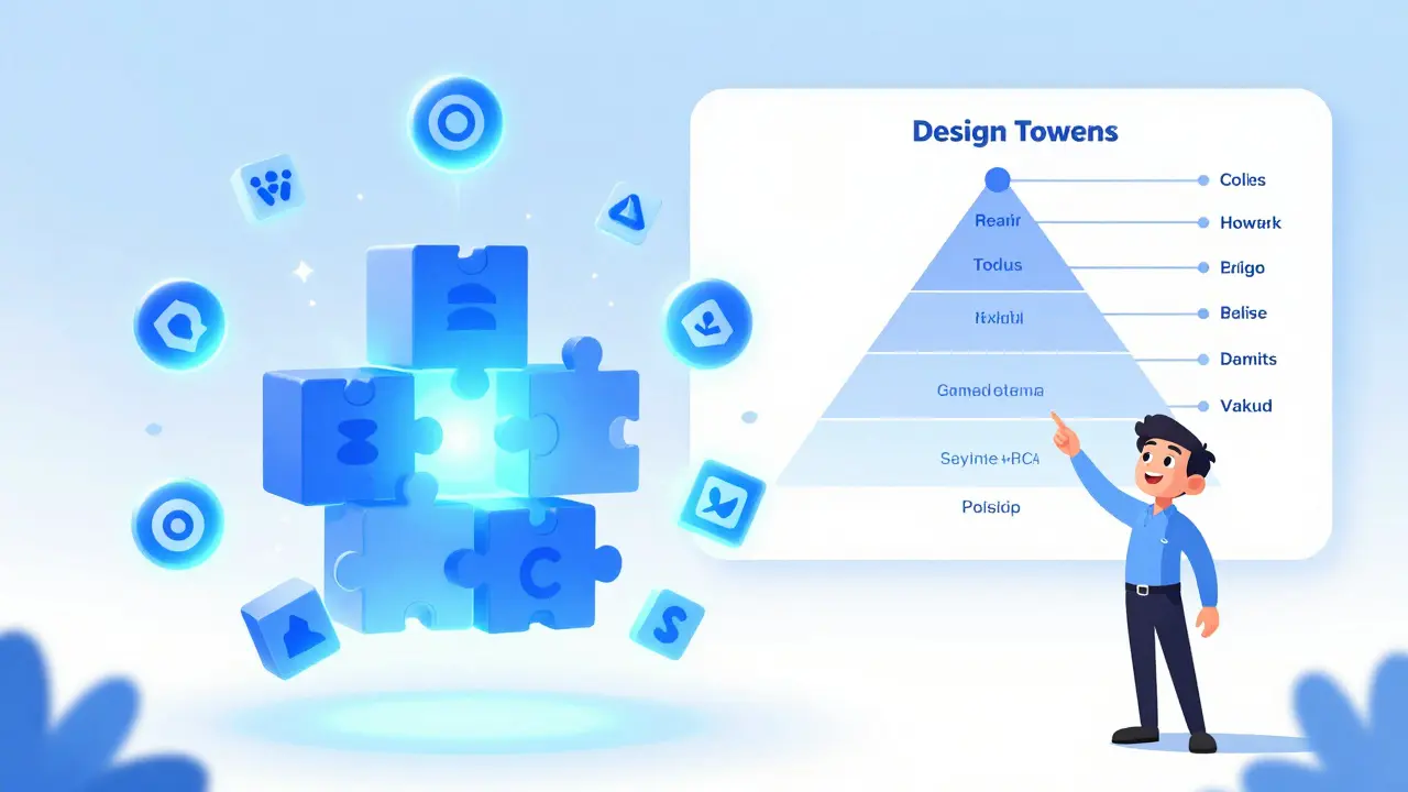 Magical geometric tokens assembling into structured UI components in a clean, bright space.