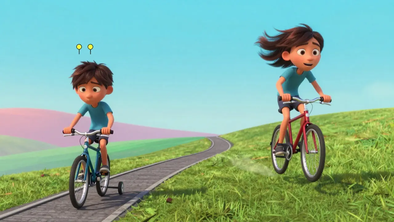 Metaphor of transitioning from training wheels to free riding