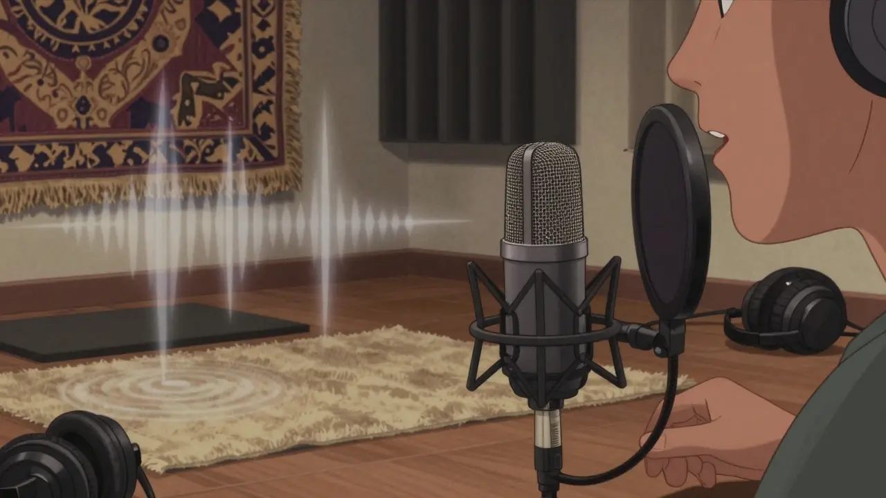Microphone setup with acoustic blankets and rugs reducing echo