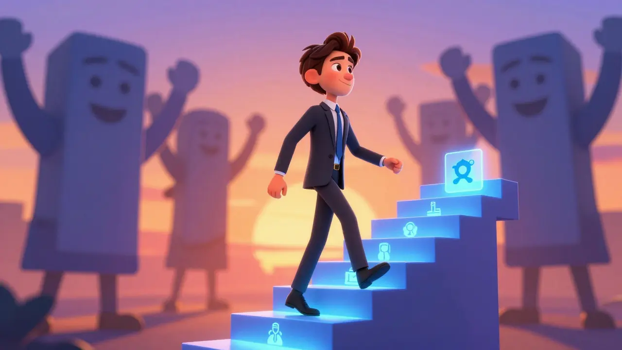 Professional ascending glowing career staircase