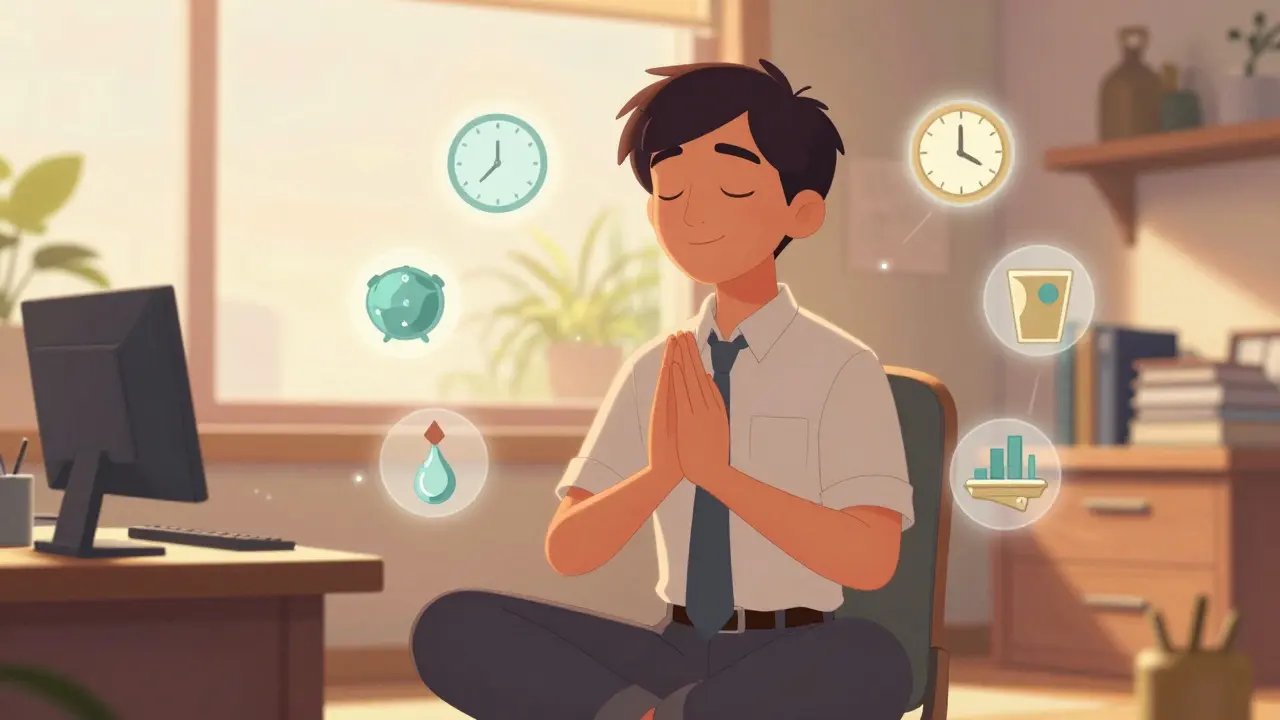 Professional practicing mindfulness and grounding techniques in a sunlit room