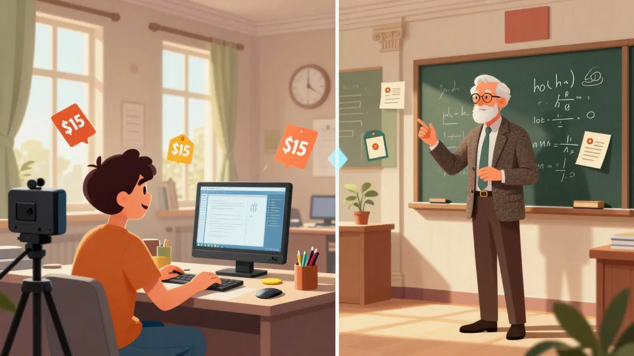 Split view contrasting a casual home tutor with a formal university professor