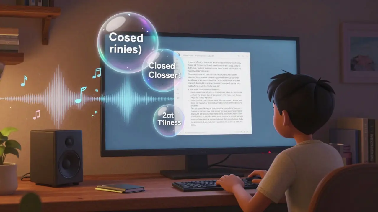 Student watching a video with floating captions, transcripts, and audio descriptions.