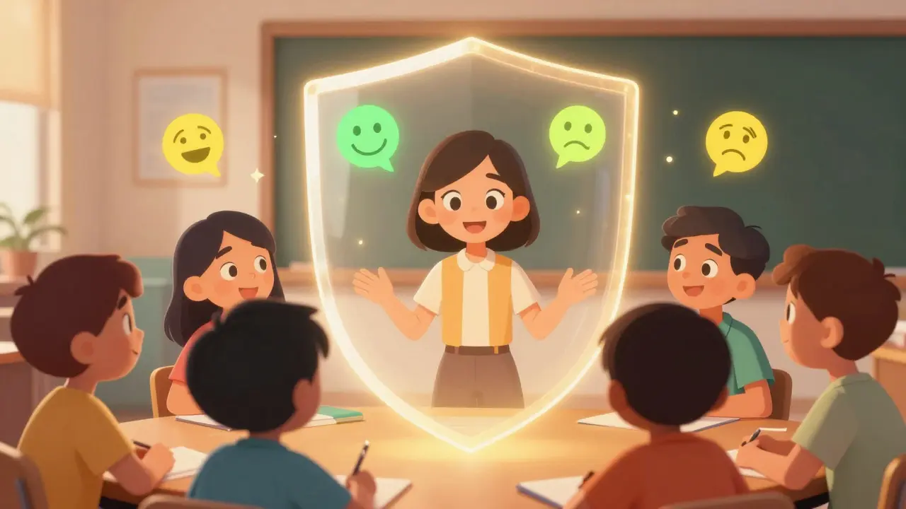 Students and teacher protected by a glowing shield of positive sentiment analysis