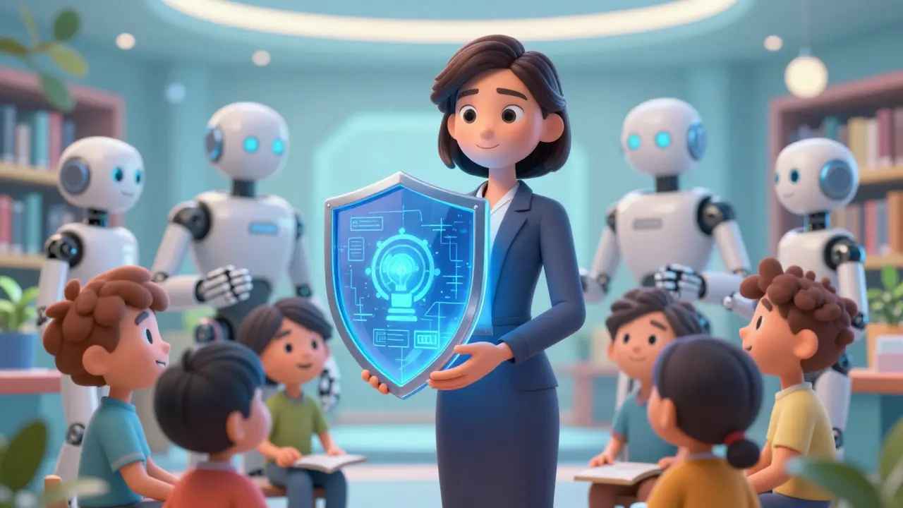 Teacher holding a digital privacy shield while supporting students in a library.