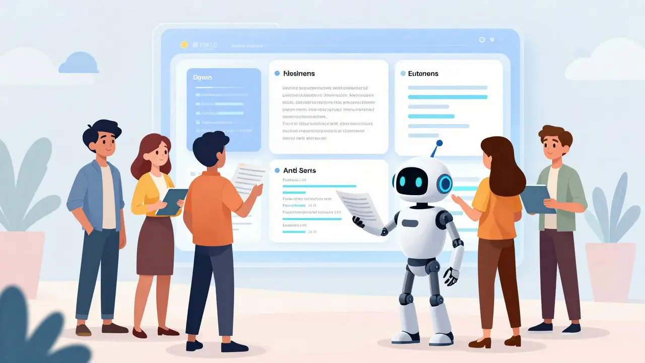 Team collaborating around a holographic interface with an AI assistant checking documentation.