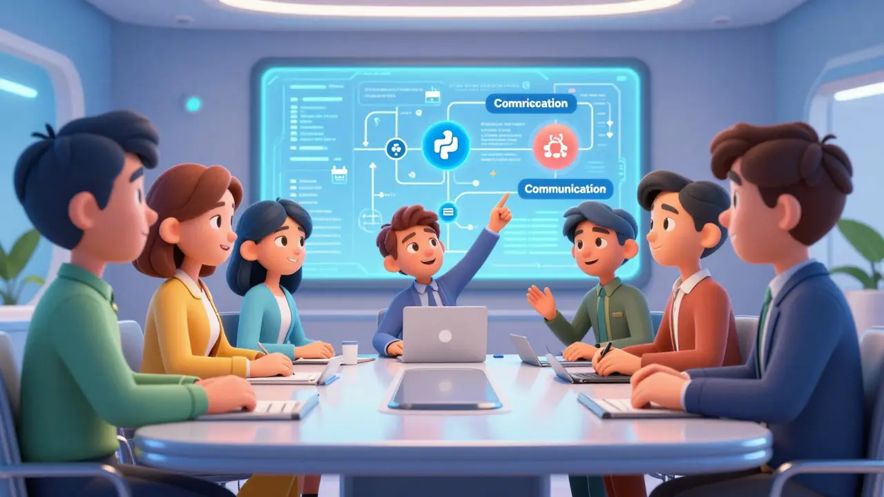 Team collaborating on holographic skill map