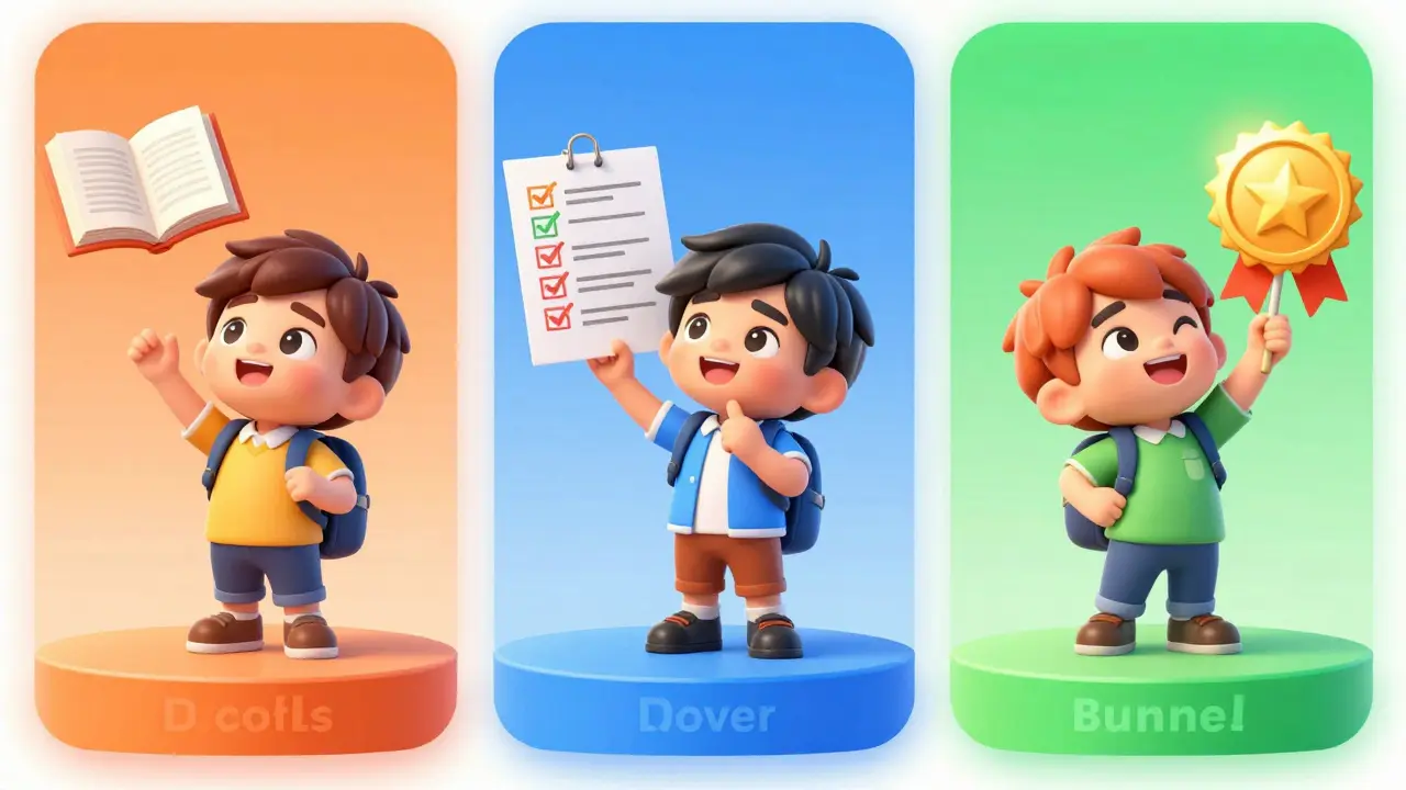 Three groups of animated students on different platforms representing funnel stages