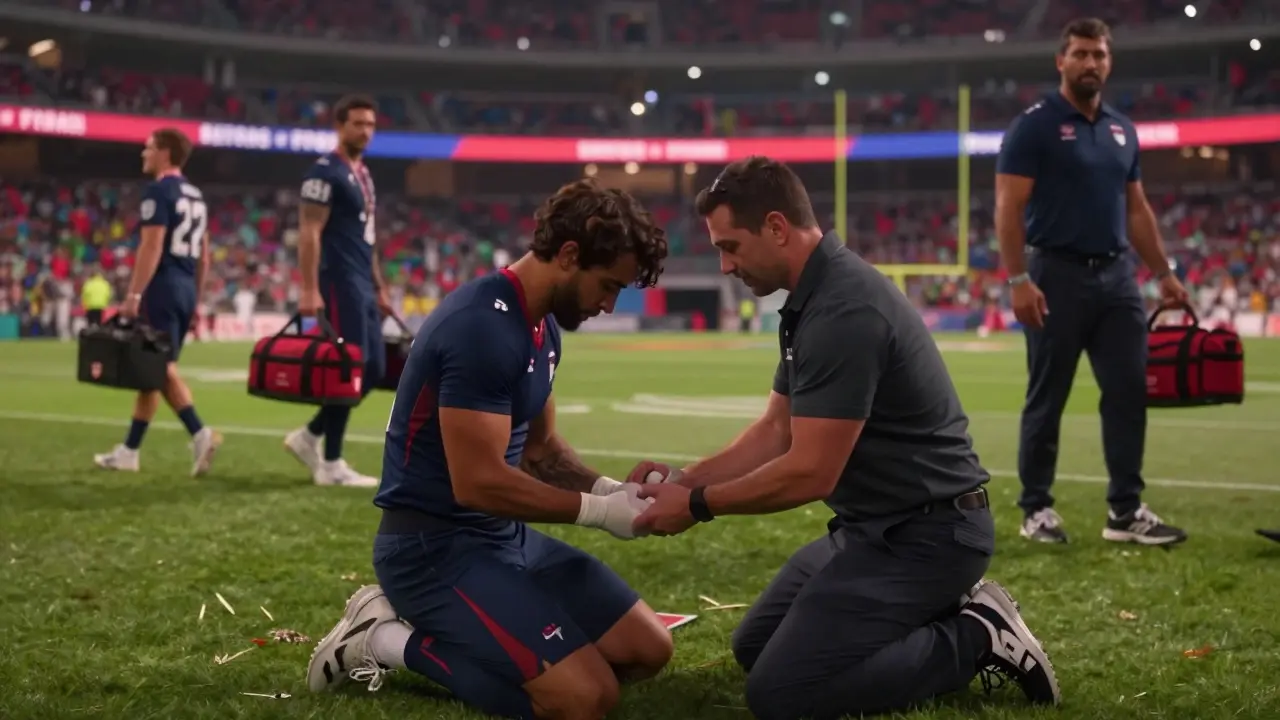 Trainer providing emergency care to player on professional sports sideline