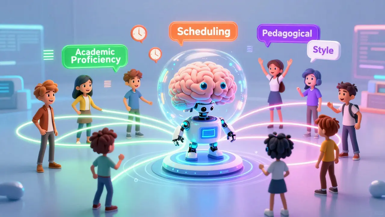 Abstract visualization of an algorithm connecting students based on skills and schedules.