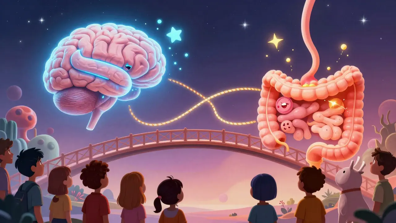 Animated brain and gut connected by a glowing nerve, illustrating the gut-brain axis.