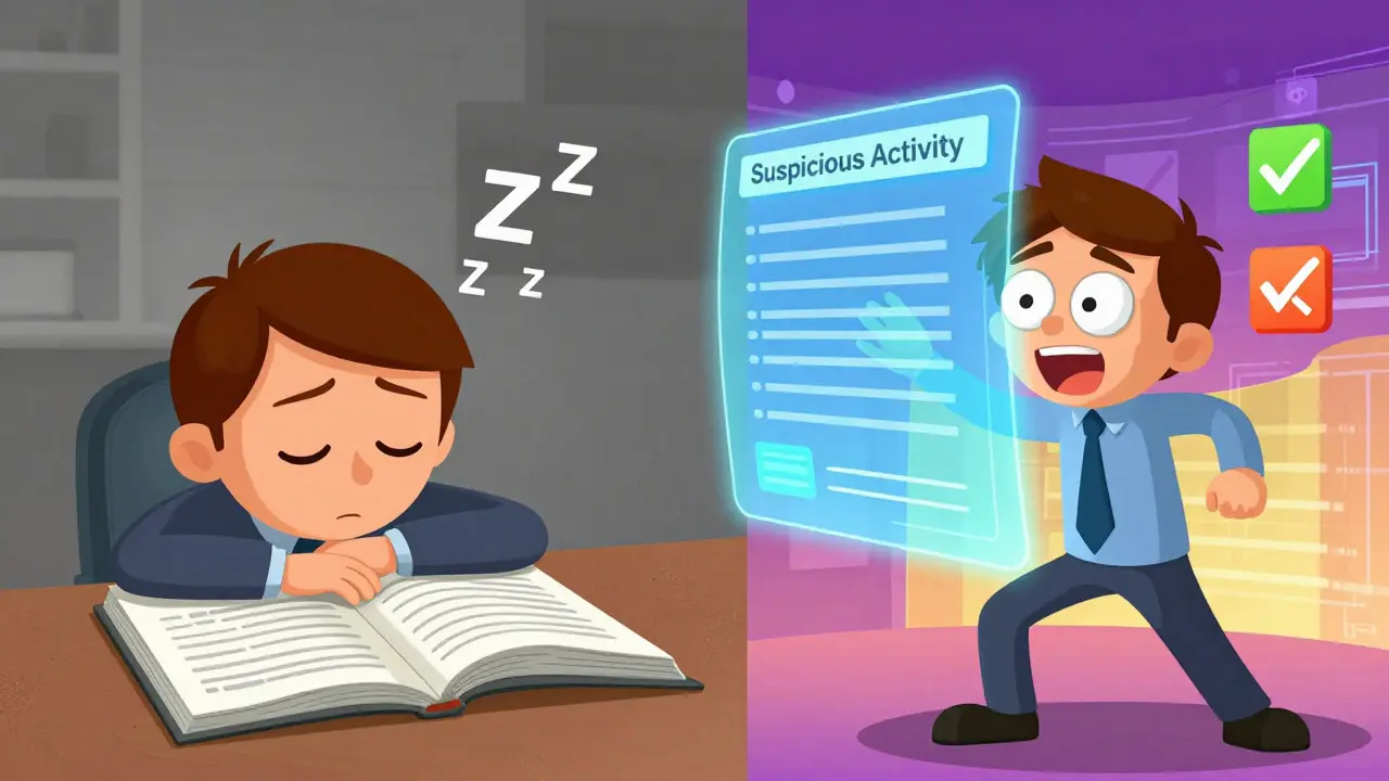 Contrast between bored employee reading manual and engaged user in digital simulation