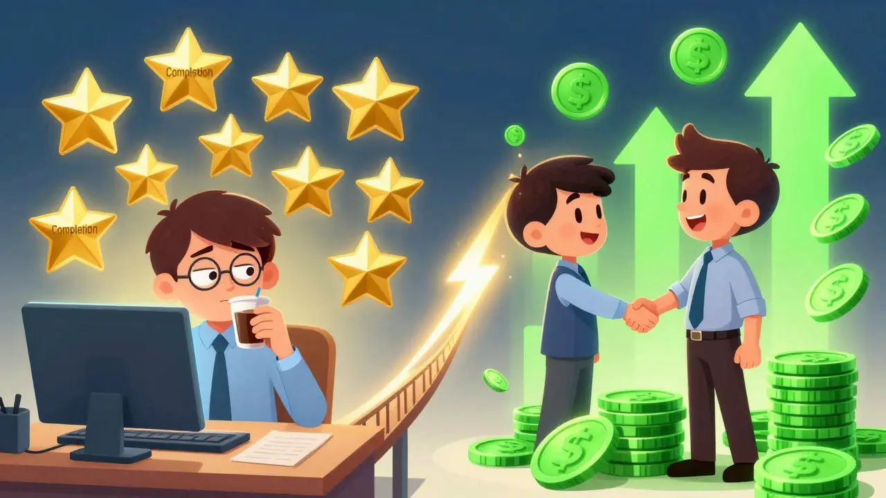Contrast between bored employee with vanity metrics and active seller with real profits