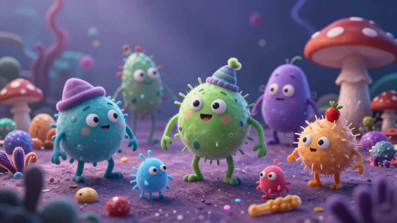 Cute anthropomorphic microbes interacting playfully in a colorful microscopic world.