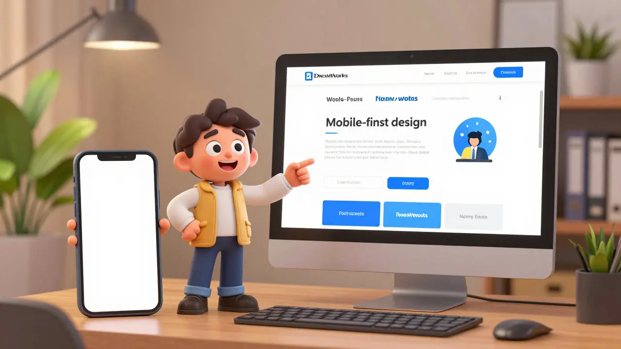 Designer showing how a website scales from mobile phone to desktop screen.