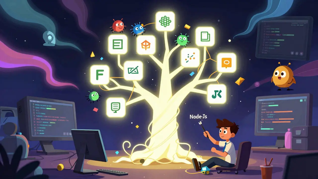 Developer untangling magical Git branches and Node.js tools in cartoon style